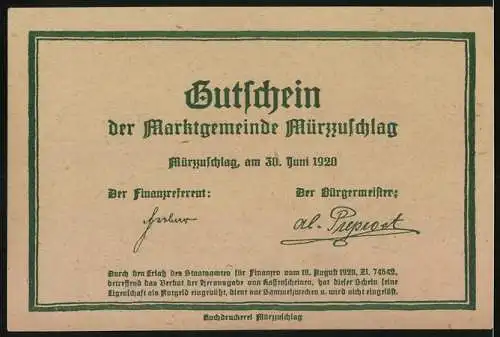 Notgeld Mürzzuschlag 1920, 50 Heller, Stadtansicht mit Bergen und Edelweissornamenten