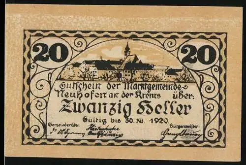 Notgeld Neuhofen an der Krems 1920, 20 Heller, Stadtansicht mit Wappen und dekorativem Rahmen