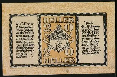 Notgeld Neuhofen an der Krems 1920, 20 Heller, Stadtansicht mit Wappen und dekorativem Rahmen