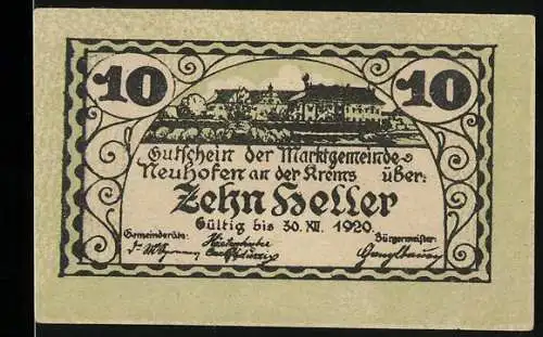 Notgeld Neuhofen an der Krems 1920, 10 Heller, Landschaftsmotiv und Wappen