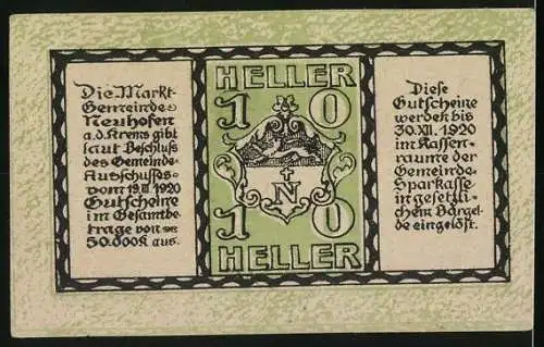 Notgeld Neuhofen an der Krems 1920, 10 Heller, Landschaftsmotiv und Wappen