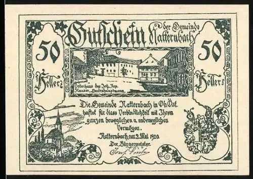 Notgeld Natternbach 1920, 50 Heller, Ortsansicht und Wappen der Gemeinde