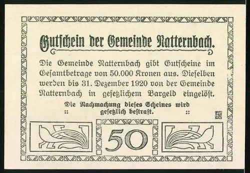 Notgeld Natternbach 1920, 50 Heller, Ortsansicht und Wappen der Gemeinde