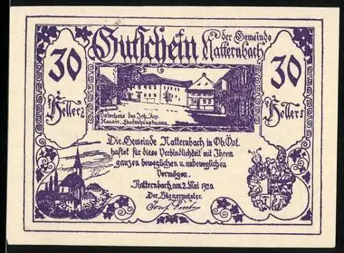 Notgeld Natternbach 1920, 30 Heller, Gebäudeansicht und Wappen, dekorative Ornamente