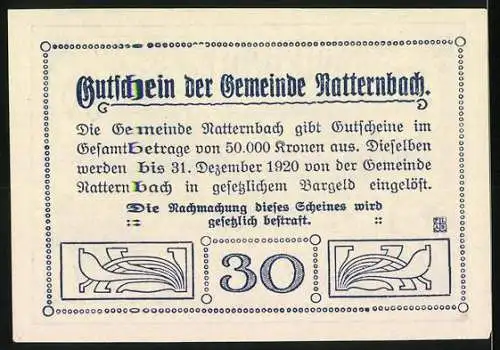 Notgeld Natternbach 1920, 30 Heller, Gebäudeansicht und Wappen, dekorative Ornamente