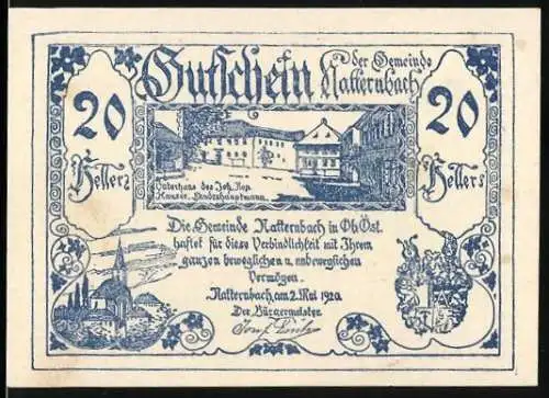 Notgeld Natternbach 1920, 20 Heller, Gebäudeansicht, Kirche und Wappen