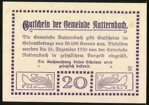 Notgeld Natternbach 1920, 20 Heller, Gebäudeansicht, Kirche und Wappen