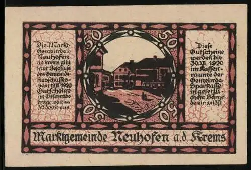 Notgeld Neuhofen an der Krems 1920, 50 Heller, Marktplatzansicht im Jugendstilrahmen