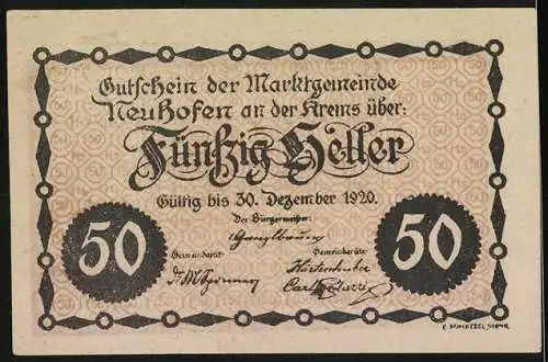 Notgeld Neuhofen an der Krems 1920, 50 Heller, Marktplatzansicht im Jugendstilrahmen