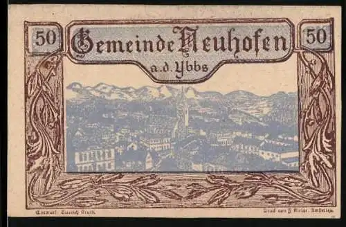 Notgeld Neuhofen an der Ybbs 1920, 50 Heller, Berglandschaft und Stadtansicht