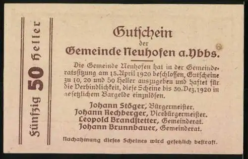 Notgeld Neuhofen an der Ybbs 1920, 50 Heller, Berglandschaft und Stadtansicht