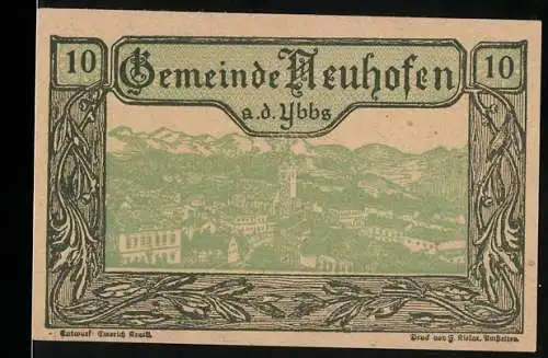 Notgeld Neuhofen an der Ybbs 1920, 10 Heller, Stadtansicht und Landschaftsmotiv