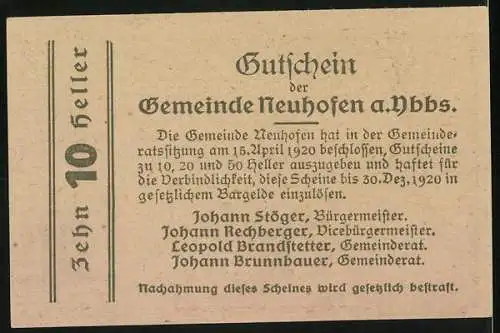 Notgeld Neuhofen an der Ybbs 1920, 10 Heller, Stadtansicht und Landschaftsmotiv