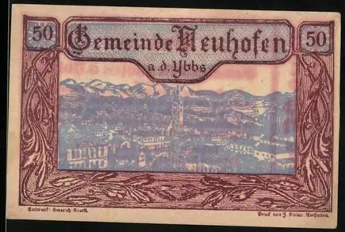 Notgeld Neuhofen an der Ybbs 1920, 50 Heller, Stadtansicht mit Alpenpanorama