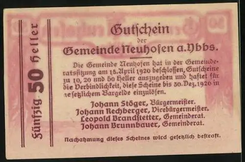 Notgeld Neuhofen an der Ybbs 1920, 50 Heller, Stadtansicht mit Alpenpanorama