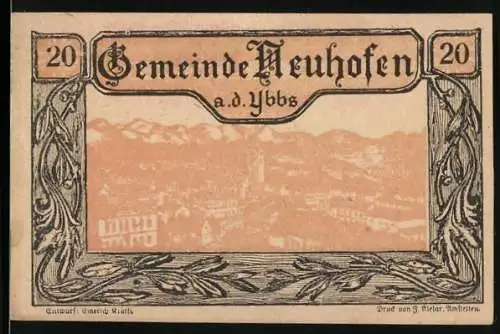 Notgeld Neuhofen an der Ybbs 1920, 20 Heller, Landschaftsmotiv mit dekorativem Rahmen