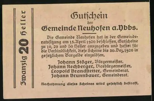 Notgeld Neuhofen an der Ybbs 1920, 20 Heller, Landschaftsmotiv mit dekorativem Rahmen