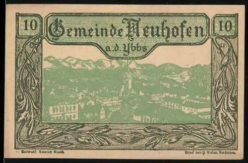 Notgeld Neuhofen an der Ybbs 1920, 10 Heller, Stadtansicht mit Bergen im Hintergrund