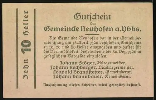 Notgeld Neuhofen an der Ybbs 1920, 10 Heller, Stadtansicht mit Bergen im Hintergrund