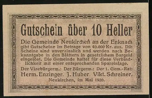 Notgeld Neukirchen 1920, 10 Heller, Wappen und dekorative Bordüre