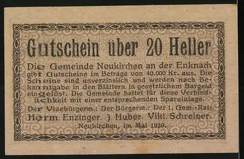 Notgeld Neukirchen 1920, 20 Heller, Schloss Neukirchen Abbildung, Gutscheintext