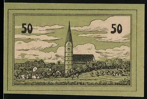 Notgeld Neukirchen 1920, 50 Heller, Landschaft mit Kirchturm und Dorfansicht