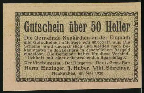 Notgeld Neukirchen 1920, 50 Heller, Landschaft mit Kirchturm und Dorfansicht