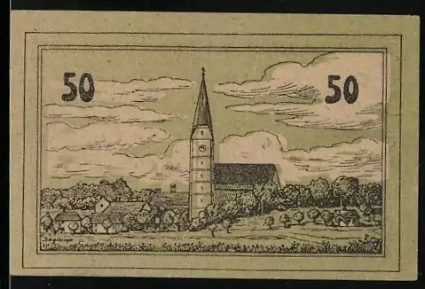 Notgeld Neukirchen 1920, 50 Heller, Kirchturm und Dorflandschaft