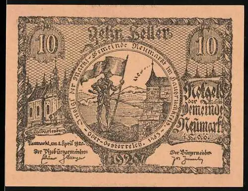 Notgeld Neumarkt 1920, 10 Heller, Ritter mit Fahne und Burg im Hintergrund