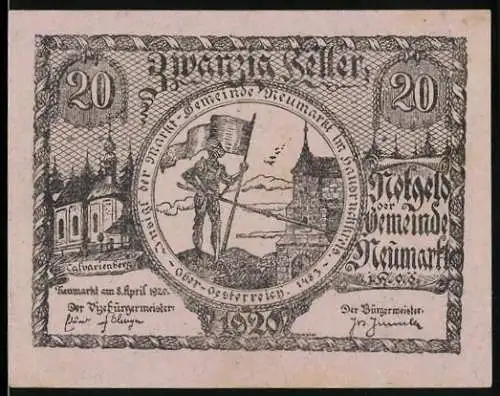 Notgeld Neumarkt 1920, 20 Heller, Krieger mit Fahne und Stadtansicht