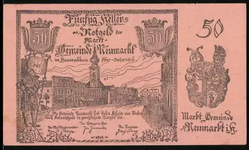 Notgeld Neumarkt 1920, 50 Heller, Stadtansicht mit Turm und Wappen der Marktgemeinde