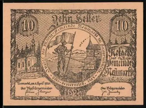 Notgeld Neumarkt 1920, 10 Heller, Ritter mit Fahne und Kirche, Gemeindeankündigung