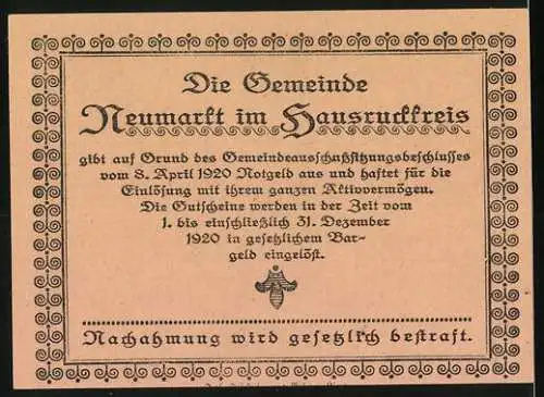 Notgeld Neumarkt 1920, 10 Heller, Ritter mit Fahne und Kirche, Gemeindeankündigung