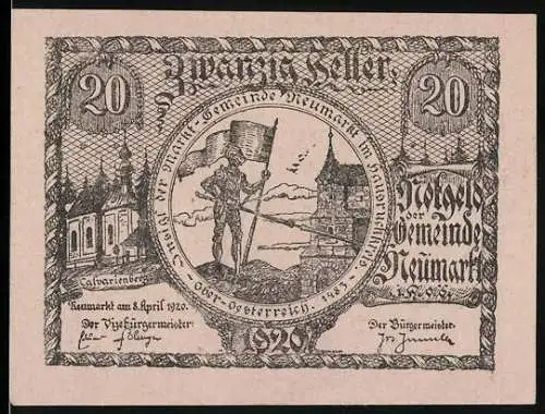 Notgeld Neumarkt 1920, 20 Heller, Ritter mit Fahne und Gebäude, Calvarienberg, Gemeindeausgabedatum