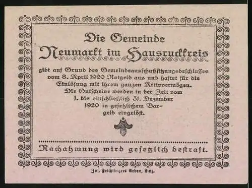 Notgeld Neumarkt 1920, 20 Heller, Ritter mit Fahne und Gebäude, Calvarienberg, Gemeindeausgabedatum