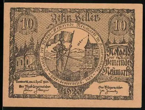 Notgeld Neumarkt 1920, 10 Heller, Soldat mit Fahne und Landschaft, Text und Verzierung auf Rückseite