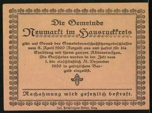 Notgeld Neumarkt 1920, 10 Heller, Soldat mit Fahne und Landschaft, Text und Verzierung auf Rückseite