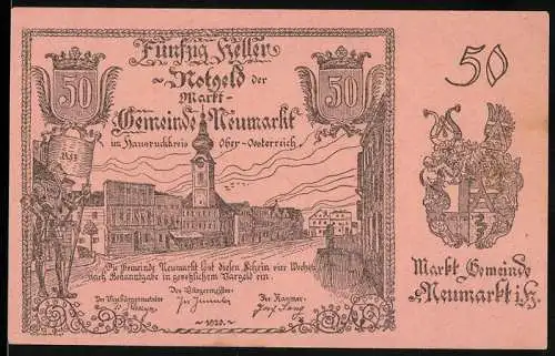 Notgeld Neumarkt 1920, 50 Heller, Stadtansicht mit Wappen und Turm, Seriennummer 1435