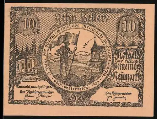 Notgeld Neumarkt 1920, 10 Heller, Ritter mit Fahne und Burgansicht