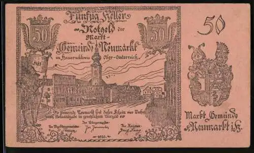 Notgeld Neumarkt 1920, 50 Heller, Stadtansicht mit Wappen und Inschrift