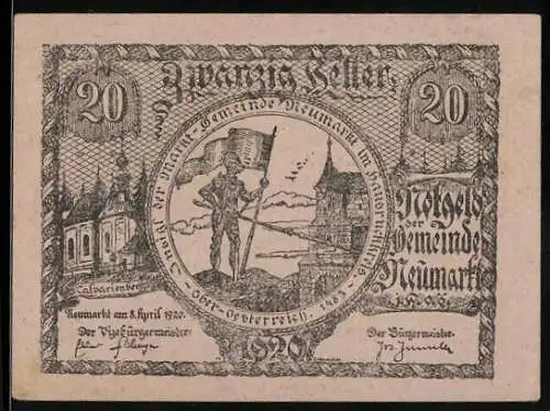 Notgeld Neumarkt 1920, 20 Heller, Soldat mit Fahne und Landschaftsszene