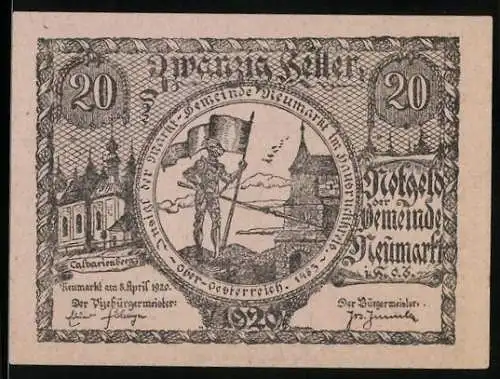 Notgeld Neumarkt 1920, 20 Heller, Ritter mit Fahne und Stadtansicht