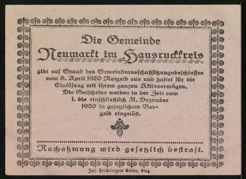 Notgeld Neumarkt 1920, 20 Heller, Ritter mit Fahne und Stadtansicht