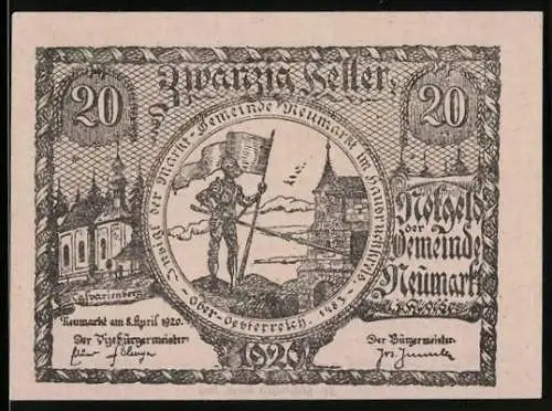 Notgeld Neumarkt 1920, 20 Heller, Krieger mit Fahne vor Landschaft und Gebäuden