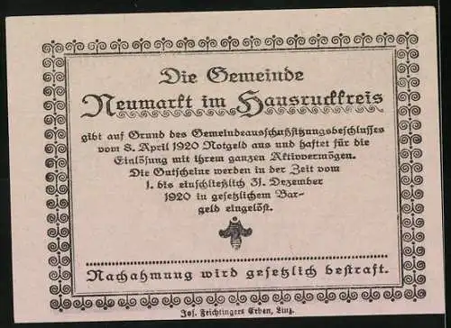 Notgeld Neumarkt 1920, 20 Heller, Krieger mit Fahne vor Landschaft und Gebäuden