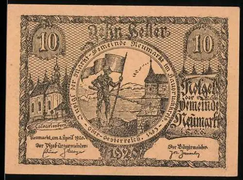 Notgeld Neumarkt 1920, 10 Heller, Ritter mit Flagge und Burgansicht