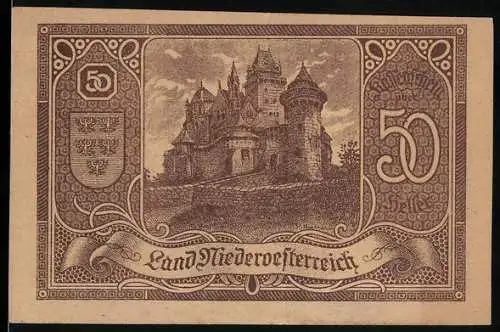 Notgeld Wien / Land Niederösterreich 1920, 50 Heller, Burgmotiv, Wappen, Seriennummer