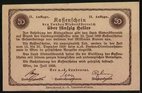 Notgeld Wien / Land Niederösterreich 1920, 50 Heller, Burgmotiv, Wappen, Seriennummer