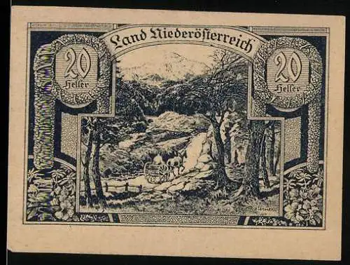 Notgeld Wien / Land Niederösterreich 1920, 20 Heller, ländliche Szene mit Pferdekarren im Wald