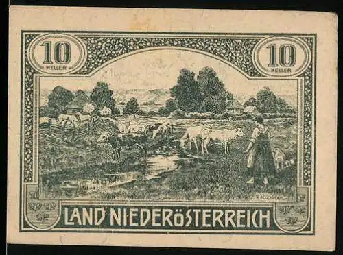 Notgeld Wien / Land Niederösterreich 1920, 10 Heller, ländliche Szene mit Kühen und Bäuerin